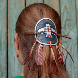Big hair slide with raven and feather. Hair stick barrette with native americans ornaments. Hair pin with white crow.