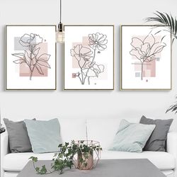 Flower Line Drawing Pink Art Digital Prints Set of 3 Wall Art Flowers Print Botanical Art Floral Poster Kitchen Decor