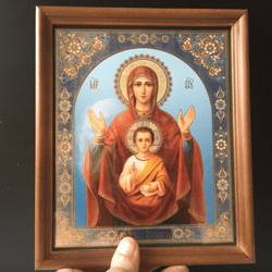 The Sign the Mother of God | Icon Gold Foiled in Wooden  frame with Glass 7" x 9,5" | Handcrafted