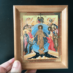 Christs Descent into Hades - Anastasis | In wooden frame with glass | Lithography icon | Size: 6" x 5"