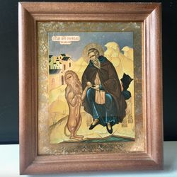 The lion and the hermit: Saint Gerasimus the Jordanite | In wooden frame with glass | Lithography icon | Size: 6" x 5"