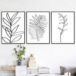 Leaf Line Drawing Set of 3 Wall Art Leaves Art Minimalist Poster Plant Prints Botanical Line Art Triptych Kitchen Decor
