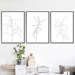 Minimalist Print Plants Art Leaf Line Drawing Set of 3 Wall Art Leaves Poster Botanical Line Art Kitchen Decor Large Art