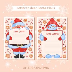 Letter to Santa Claus. Template with Santa Claus, snowman, Christmas sweets and cookies. Clipart, digital download.