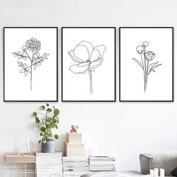 Flower Printable Floral Art Line Drawing Minimalist Poster Large Art Flower Line Art Set of 3 Prints Botanical Wall Art