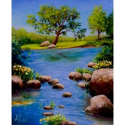 River painting Tree by the River Landscape 10x8in Original oil painting Wall art Oil painting on cardboard