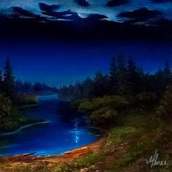 River painting Night bank of the river Original oil painting on cardboard 8x8 inches Wall art Night painting