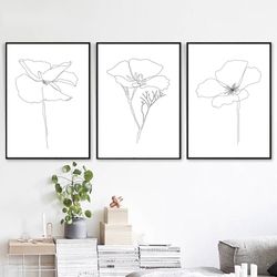 flower print minimal line art set of 3 prints printable wall art floral art scandi poster botanical art line drawing
