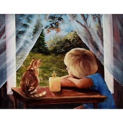 A boy and a cat are two friends Original art Oil painting on canvas Wall art 12x16inces Wall art