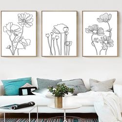 botanical art set of 3 prints line drawing flowers print minimal line art printable wall art floral art scandi poster
