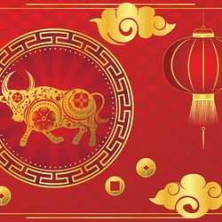 Chinese new year card with bull and flowers