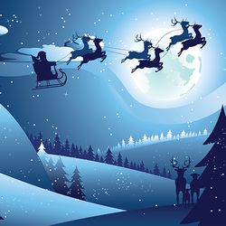 Peaceful winter forest at night and flying santa, Christmas night
