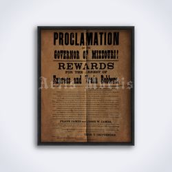 Jesse James old West robber Wanted poster, Reward proclamation printable art, print (Digital Download)
