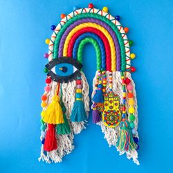Macrame rainbow wall hanging, Evil eye and hamsa hand, Housewarming gift, Colorful boho home decor