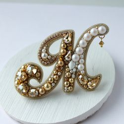 Custom Letter Brooch Pin Handmade. Embroidered Name Pin. Gold Brooch. Customized Gifts