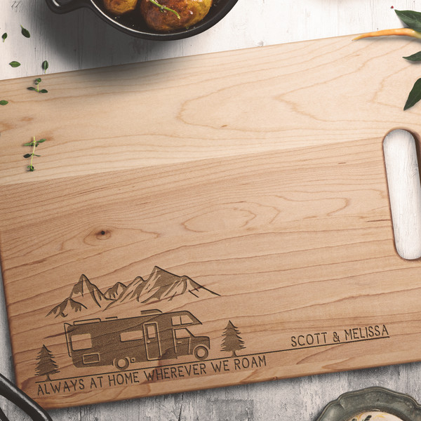 Rv gifts Always at home wherever we roam Personalized engraved cutting board Camp decor.jpg
