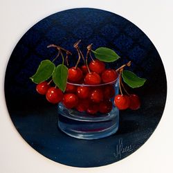 Cherry painting Still Life with cherries in a glass Oil painting Wall art Canvas stretched on cardboard 12x12 in.ches
