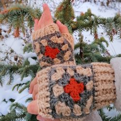Cottagecore fingerless gloves granny square, beige fingerless gloves, winter gloves, granny square mittens