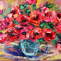 Poppy Oil Painting Flowers Impasto Glass Vase Candy Original Artist Svinar Oksana