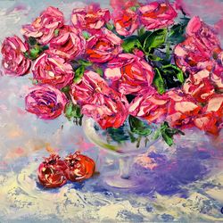 Pomegranate Flowers Pink Roses Impasto Oil Painting Original Artist Svinar Oksana