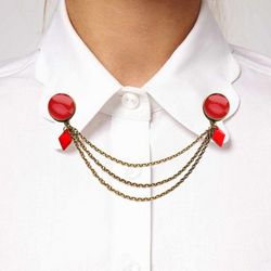 Red Brooch with charm, Red Collar Pin with chain