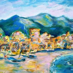 Seaside Town Original Oil Abstract Painting Canvas Art Italian Landscape Beach Painting Mountains Painting 12" x 16"