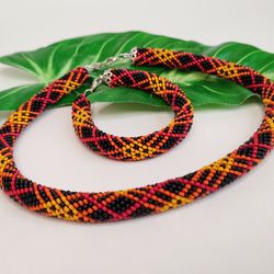 Beaded set jewelry Crochet rope glass beads necklace Beaded bracelet for women