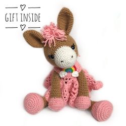 Donkey plush | Crochet donkey | Cute plush | Gift for toddler | Doll with clothes | Gift for a girl | Farm animals