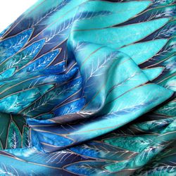 Hand painted Silk scarf. Scarf in Blue, turquoise, blue, green colors. Size 16/18 inch. Natural silk.