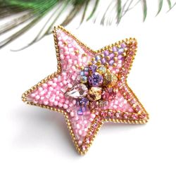 Pink star brooch, beaded brooch, embroidered brooch, space pin, star pin, brooch pin, handmade brooch, gift for her