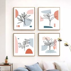 Botanical Line Art Leaf Line Drawing Set Of 4 Prints Pink Blue Art Printable Art Leaves Wall Art Scandi Art Plant Poster