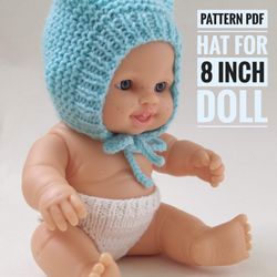 Pattern PDF Hat with cat ears, Hat for doll 8 inch,Kitty bonnet 21 cm doll, little darling kitty beanie, Miniland hat
