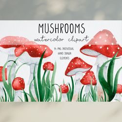 Watercolor Mushrooms Clipart / Red Forest Mushrooms Clip Art / Fly Agaric Clipart / Fall Forest Harvest