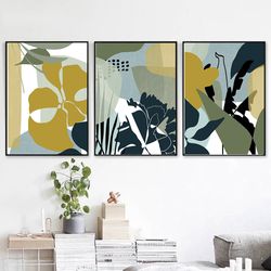 Abstract Botanical Set of 3 Posters Navy Blue Wall Art Triptych Print Downloadable Prints Large Artwork Abstract Flowers