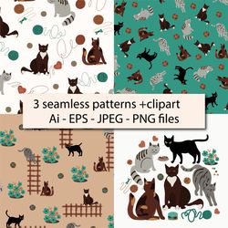 Set of seamless patterns and clipart, cute cats, flowers and toys