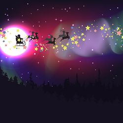 Silhouette of flying Santa Claus sleigh with deers over polar lights illustration
