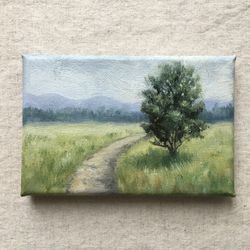 Small Oil painting landscape miniature pathway painting oil paintings tree painting meadow wall art modern realistic art