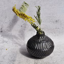 Black ceramic vase, modern table centerpiece bud vase in black colors, handmade porcelain vessel, ceramic carved vase.