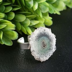 Quartz Crystal Ring Amethyst Stalactite Slice Sterling Silver Adjustable Ring Solar Quartz Green Gray Ring Jewelry 7770