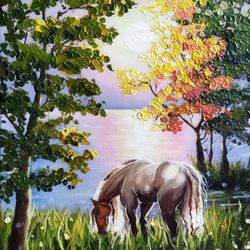 Acrylic painting landscape horse on the lake.