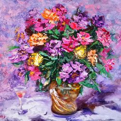 Bright Flowers Wine Oil Painting Original Impasto Artist Svinar Oksana