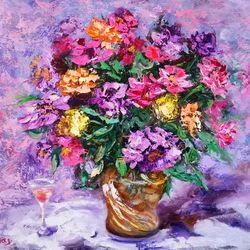 bright flowers wine oil painting original impasto artist svinar oksana