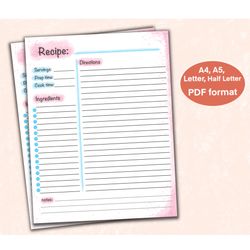 recipe template, printable recipe, recipe page, cookbook template, recipe card template, recipe printable, recipe book t