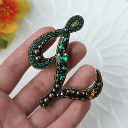 Custom Letter Brooch Pin Handmade. Embroidered Name Pin. Emerald Brooch. Customized Gifts