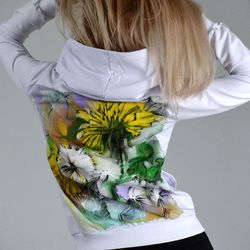 hand painted girl white hoodies, fabric painted clothes, dandelion drawing, custom hoodies, designer wearable art