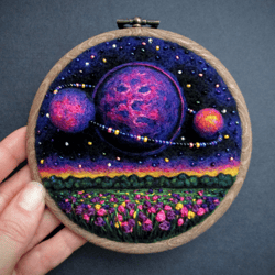 3D Planet painting Embroidered Space landscape Wool painting Hoop Art Gift for space lover