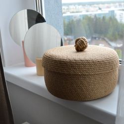 basket jute for storage with lid , kitchen rope basket