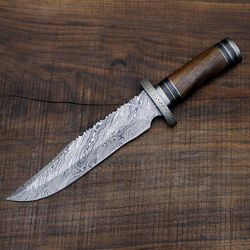 CUSTOM DAMASCUS STEEL BOWIE HUNTING KNIFE NATURAL WOOD HANDLE
