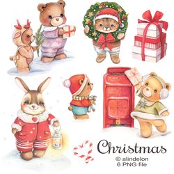 Cute little animals clipart. Christmas illustration clipart. Teddy bear, bunny, cat digital clipart