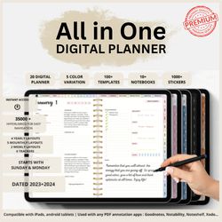 All-in-One Digital Planner 2024, 2025, Undated Digital Planner, Digital Journal, Digital Goodnotes Template, Notability